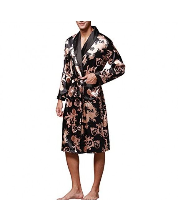 Sidiou Group Men Kimono Bathrobe Satin Robe Long Sleeve Night Robe Nightwear Sleepwear