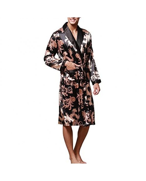 Sidiou Group Men Kimono Bathrobe Satin Robe Long Sleeve Night Robe Nightwear Sleepwear