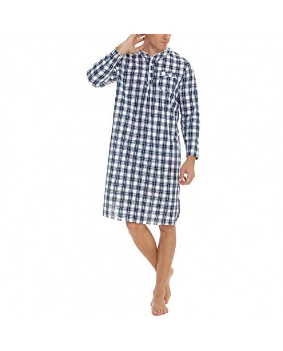 Sykooria Men's Nightgown Long Sleeve Henley Kaftan Sleep Shirt Knee Length Comfy Nightshirts