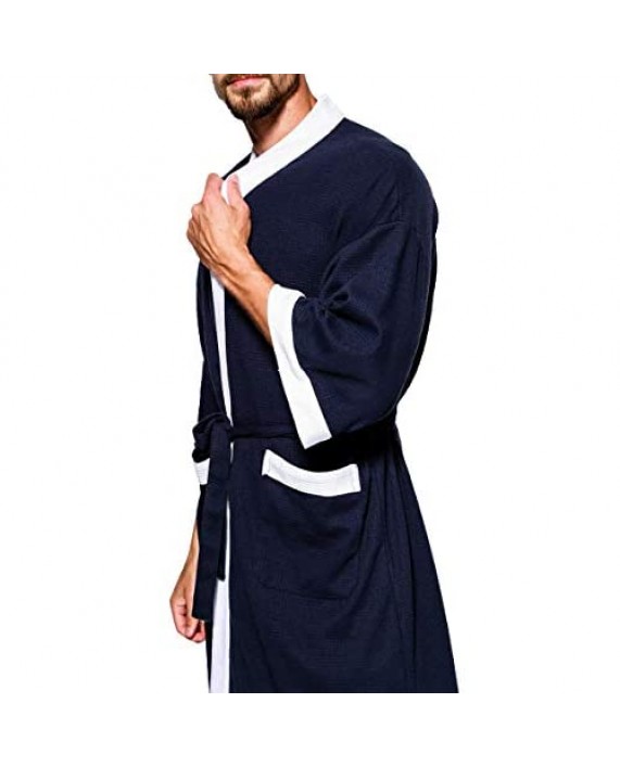 TAKIYA Men's Spa Bathrobe Waffle Turkish Cotton Lightweight 3/4 Sleeve Kimono Robe Shawl Collar Nightgown Sleepwear