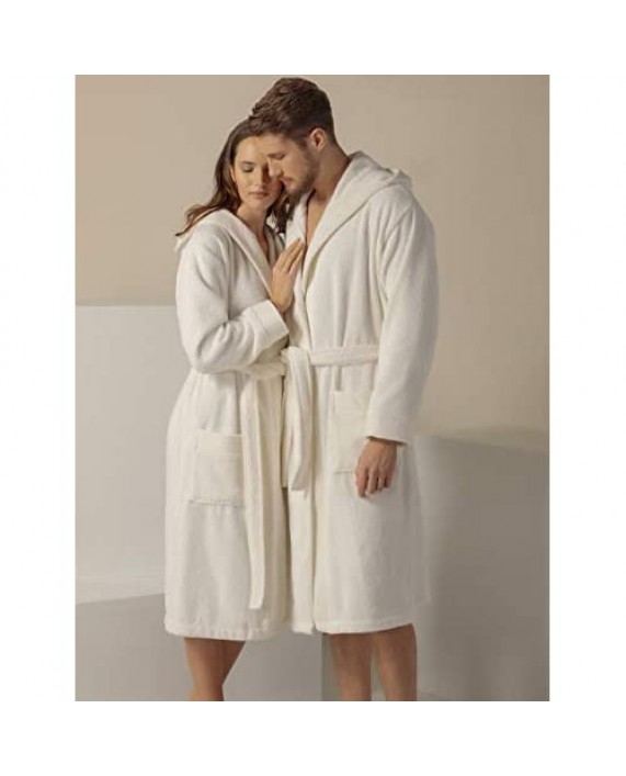 Turkish Cotton Terry Men's & Women's Bathrobe - Hooded Kimono Cotton Terry Cloth Robe - Long Textured Rice Weave Trim