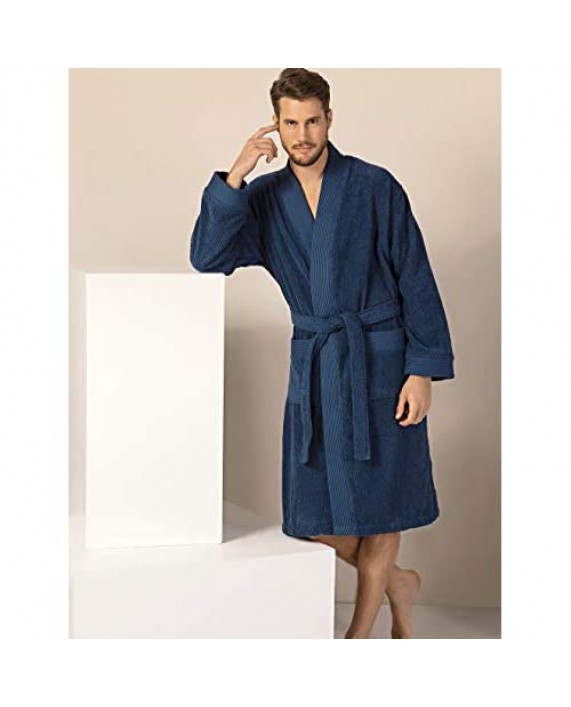Turkish Cotton Terry Men's Bathrobe - Hooded Kimono Cotton Terry Cloth Robe - Long Textured Rice Weave Trim Bathrobe