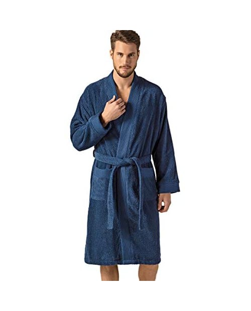 Turkish Cotton Terry Men's Bathrobe - Hooded Kimono Cotton Terry Cloth Robe - Long Textured Rice Weave Trim Bathrobe