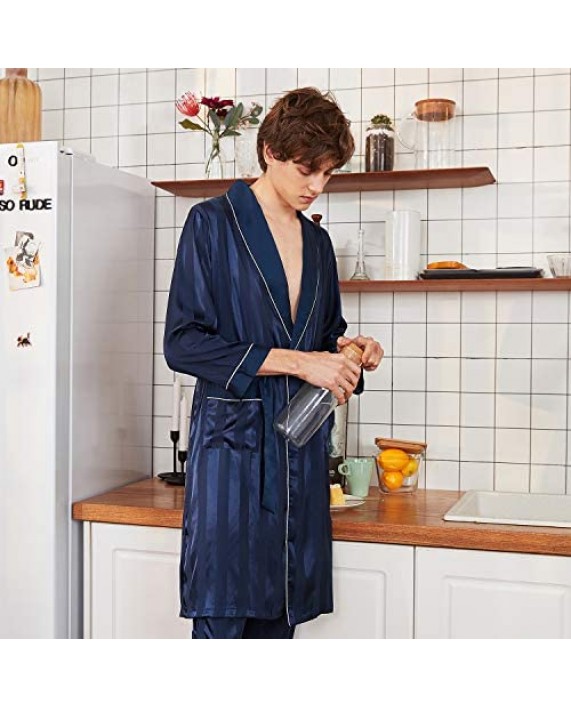 Uzsoeey Mens Satin Striped Robe Set - Long Sleeve Nightgown Bathrobes with Pants Lightweight Silky Spa Kimono