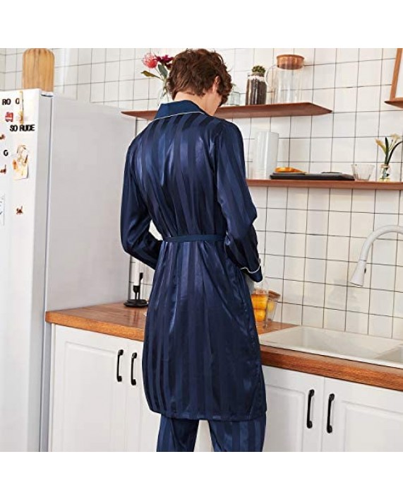Uzsoeey Mens Satin Striped Robe Set - Long Sleeve Nightgown Bathrobes with Pants Lightweight Silky Spa Kimono