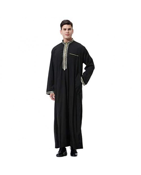 XINNI Men Arabic Long Sleeve Embroidery Decal Thobe Stand Collar Kaftan Robe