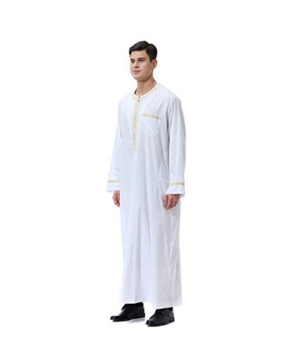 XINNI Men Arabic Long Sleeve Printing Thobe Crew Collar Kaftan Robe with Zipper