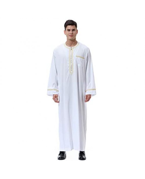 XINNI Men Arabic Long Sleeve Printing Thobe Crew Collar Kaftan Robe with Zipper