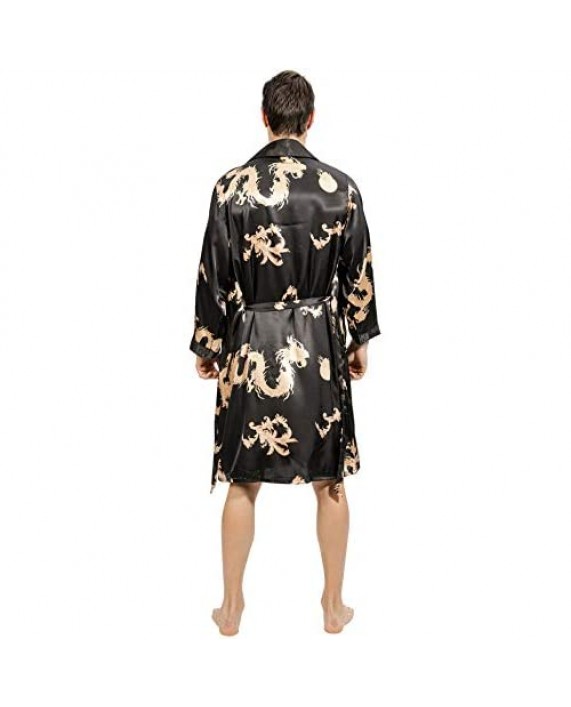YIMANIE Mens Lightweight Satin Robe Long Sleeve Kimono Bathrobe V-Neck Printed Sleepwear