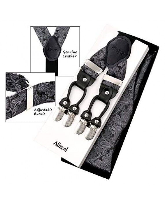Alizeal Mens Adjustable Paisley Bow Tie Pocket Square and Clips Suspenders