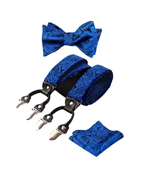 Alizeal Mens Adjustable Paisley Bow Tie Pocket Square and Clips Suspenders