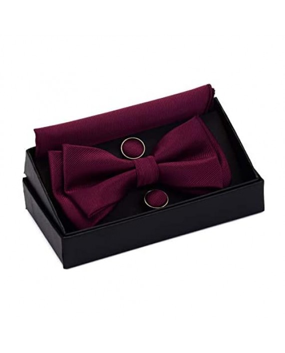 GUSLESON Mens Solid Color Two Layer Pre-tied Bow Tie and Pocket Square Cufflink Set with Gift Box