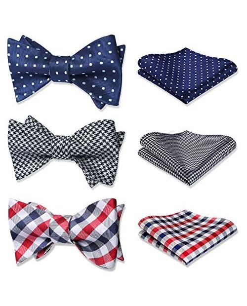 HISDERN 3pcs Mixed Design Classic Men's Self-Tie Bow tie & Pocket Square - Multiple Sets
