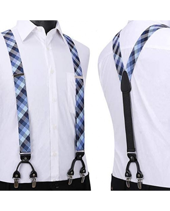 HISDERN Mens bowtie and suspenders set Y Back 6 Clips Check Stripe Animal Adjustable Braces pocket square for wedding party
