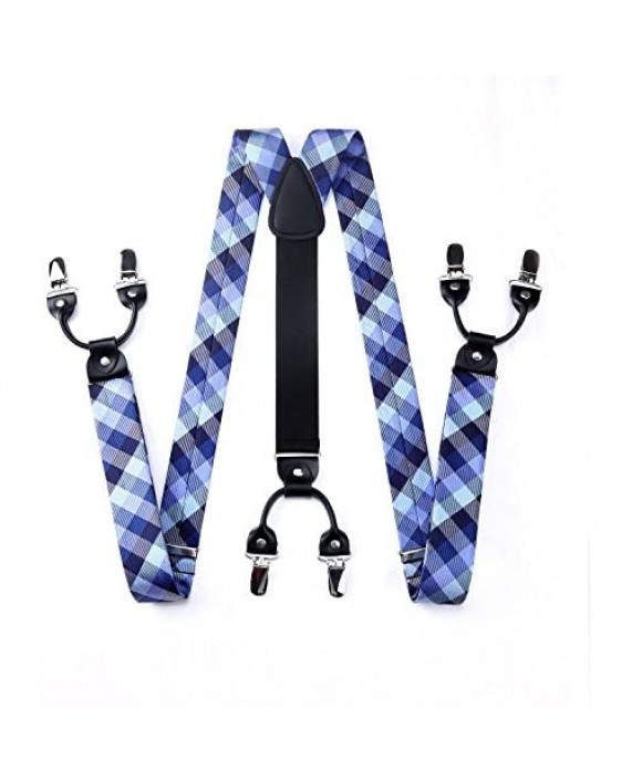 HISDERN Mens bowtie and suspenders set Y Back 6 Clips Check Stripe Animal Adjustable Braces pocket square for wedding party