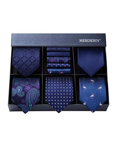 HISDERN Men's Necktie Collections Lot 5 PCS Classic Men's Silk Tie Set Necktie & Pocket Square with Gift Box