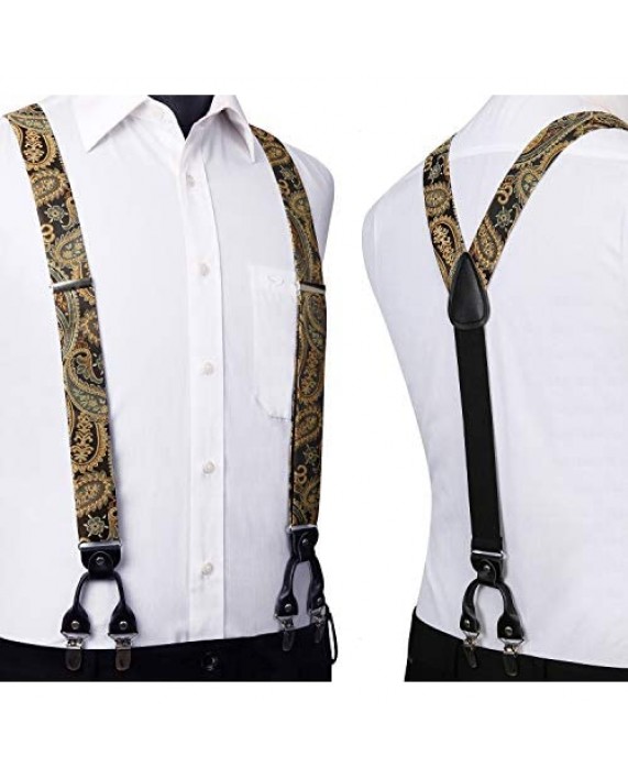 HISDERN Mens Paisley Floral Suspenders Strong 6 Clips Y-Back Adjustable Trouser Braces Self BowTie Set for Party Work