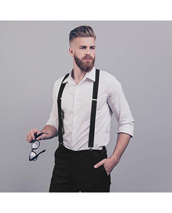 HISDERN Mens Solid Color Suspenders and Bowtie X-Back Adjustable Braces Pre-tied Bow Tie Pocket Square Set