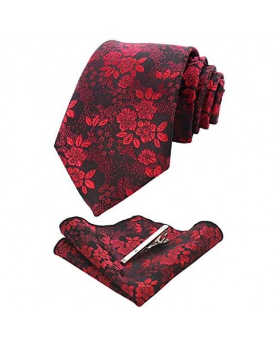 JEMYGINS Floral Necktie and Pocket Square Tie Clip Sets for Men