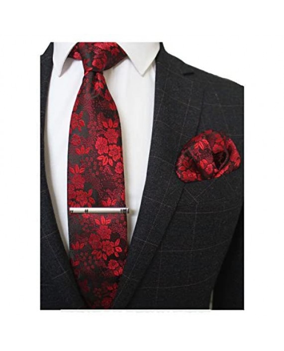 JEMYGINS Floral Necktie and Pocket Square Tie Clip Sets for Men