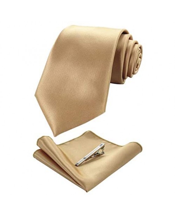 JEMYGINS Mens Solid Color Formal Necktie and Pocket Square Tie Clip Sets