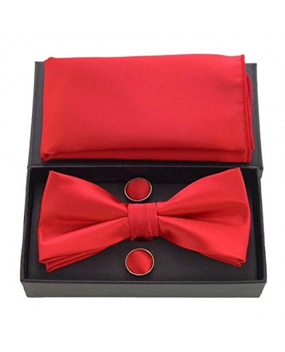 JEMYGINS Mens Solid Color Pre-tied Bow Tie and Pocket Square Cufflink Set