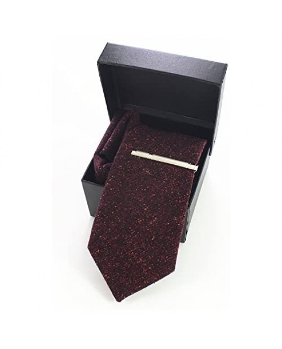 JEMYGINS Solid Color Cashmere Wool Necktie and Pocket Square Tie Clip Sets for Men