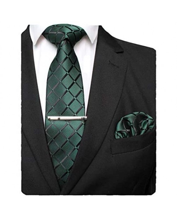JEMYGINS Solid Color Mens Plaid Tie and Pocket Square with Tie Clip Sets