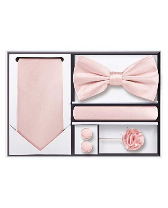 TIE G 5pcs Tie Set in Gift BOX WHITE OR BLACK: Solid Color Necktie Satin Bow Tie Pocket Square Lapel Cuff Links