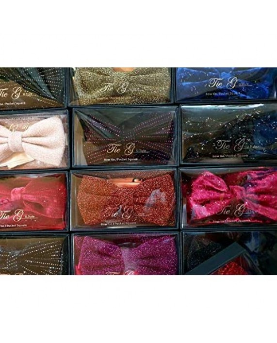 TIE G Men's Glitter Velvet Bow Tie + Pocket Square Set in Gift Box for Wedding Party : Glittering Effects Unisex Design