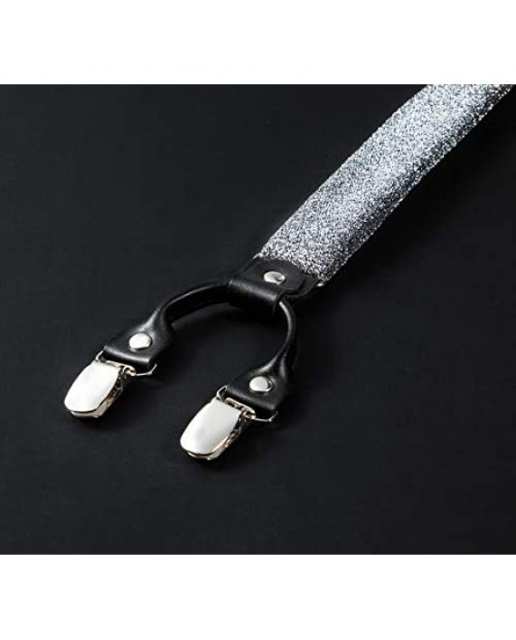 TIE G Men's Glitter Velvet Suspender + Bow Tie Set for Wedding Party : Glittering Effects Adjustable Braces Strong 6 Clips