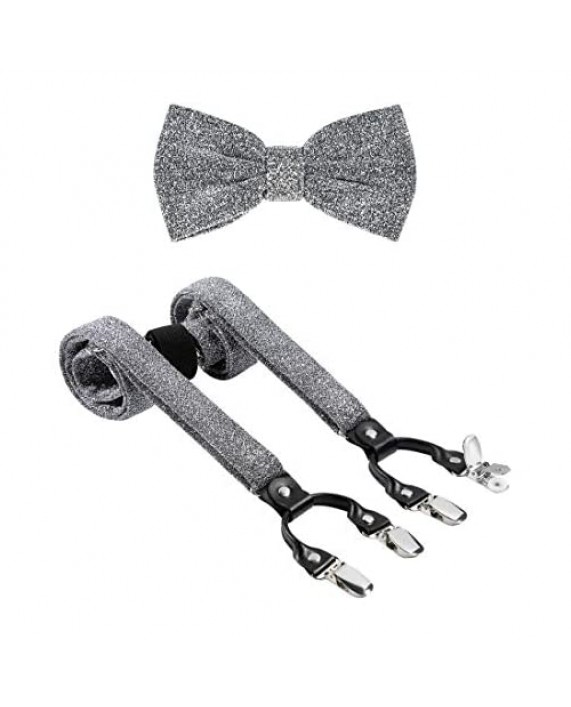 TIE G Men's Glitter Velvet Suspender + Bow Tie Set for Wedding Party : Glittering Effects Adjustable Braces Strong 6 Clips
