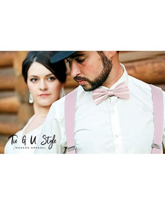 TIE G Solid Color Men's Suspender + Woven Bow Tie Set for Wedding : Vivid Color Adjustable Brace Strong Clip Elastic Band