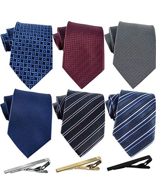 Jeatonge Lot 6 Pcs Mens Ties and 3 Free Tie Clips Men's Classic Tie Necktie Woven Jacquard Neck Ties Gift box packing (Style 2)