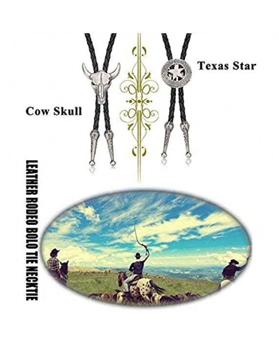 Thunaraz 2Pcs Leather Tie Necktie Cow Skull Texas Ranger Star Chain for Men Rodeo Bolo Tie Necktie