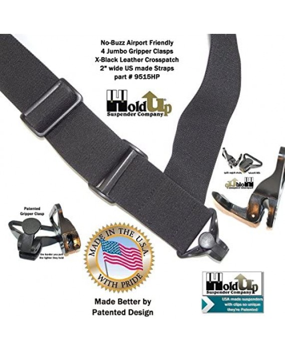 Airport Friendly Holdup Brand No-buzz Black 2 wide Hip Clip Suspenders with patented Jumbo Composite Plastic Gripper Clasps
