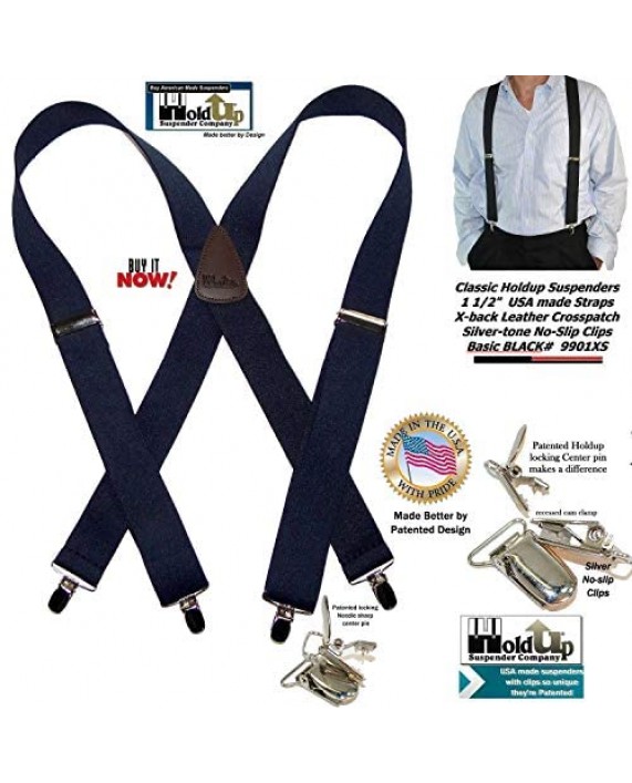 Hold-Ups 1 1/2 Wide Classic Series Suspenders in X-back style w/Patented No-slip Silver Clips