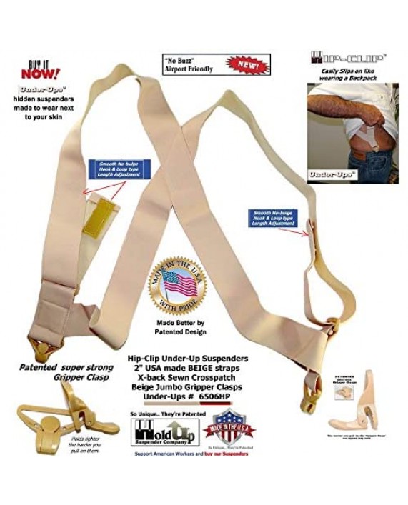 Holdup Brand 2 Wide Light tan hidden Under-Up side clip Suspenders with Patented Jumbo Tan Gripper Clasps