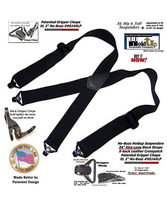 Holdup brand 2 wide XL Airport Friendly Black X-back Suspenders Jumbo black Patented Gripper Clasps
