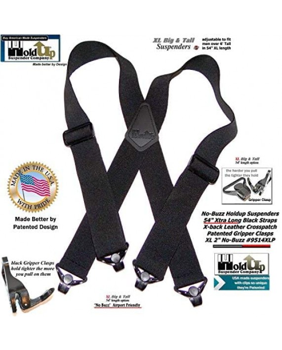 Holdup brand 2 wide XL Airport Friendly Black X-back Suspenders Jumbo black Patented Gripper Clasps