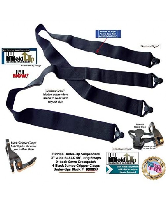Holdup Hidden Undergarment Black 2 inch wide Suspenders with Jumbo Gripper Clasp