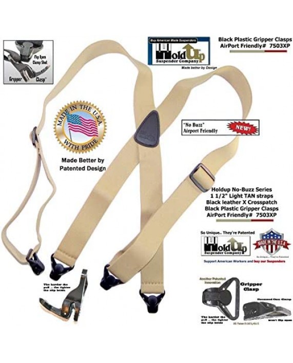 Holdup Suspender Brand No-buzz Series Airport Friendly light TAN Suspenders with black leather X-Back Crosspatch and Patented Gripper Clasps