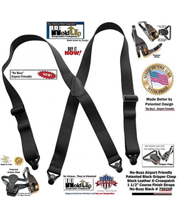 Holdup Suspender Company All black No-buzz Airport Friendly X-back Suspenders with Patented composite plastic Gripper Clasps