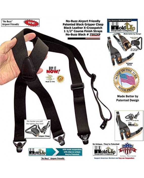 Holdup Suspender Company All black No-buzz Airport Friendly X-back Suspenders with Patented composite plastic Gripper Clasps