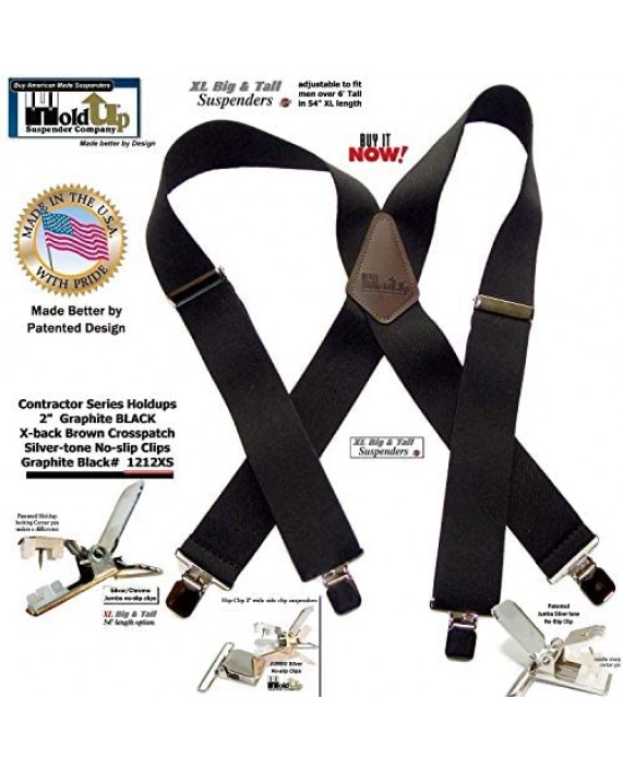 Holdup Suspender Company Brand 2 Wide XL Graphite Black Work Suspenders with Patented Silver Tone Jumbo No-slip Clips