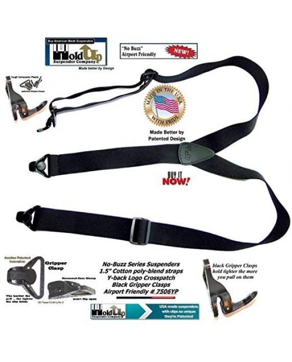 Holdup Suspender Company's No-buzz Airport Friendly All Black Y-back Suspenders with Patented composite plastic Gripper Clasps
