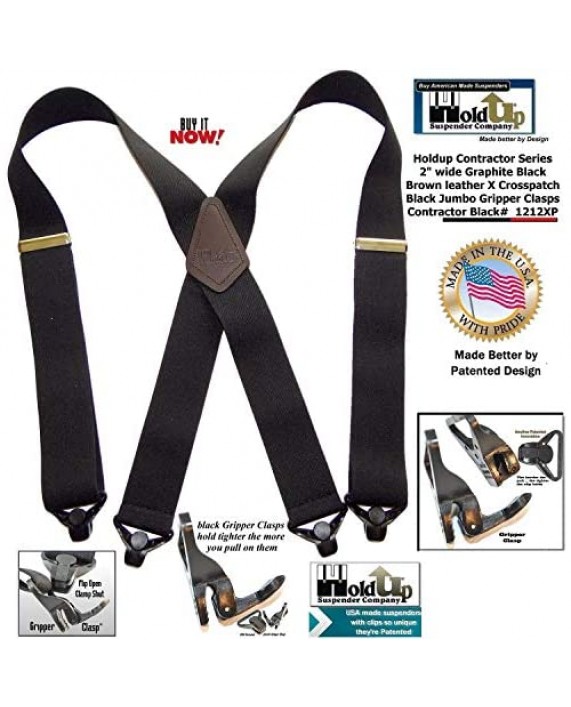Holdup X-back Heavy Duty 2 Wide Graphite Black Suspenders with Patented jumbo Gripper Clasps