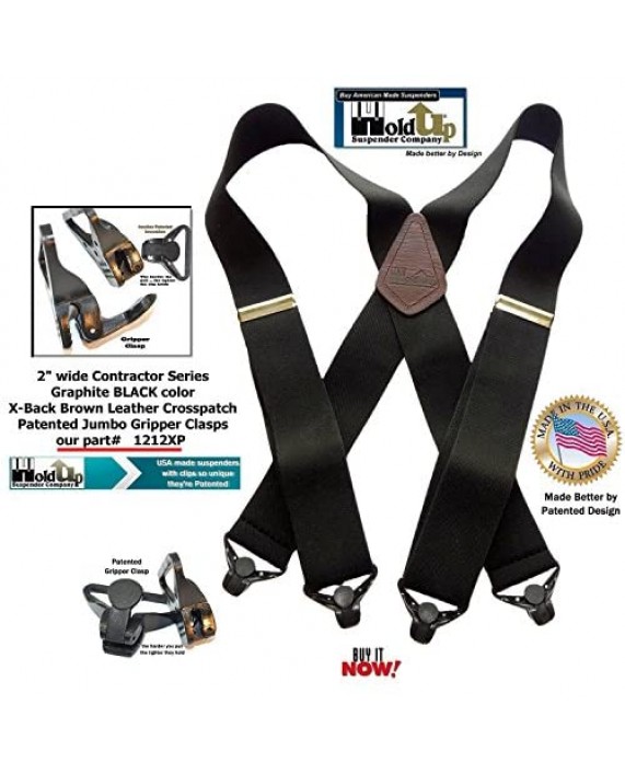 Holdup X-back Heavy Duty 2 Wide Graphite Black Suspenders with Patented jumbo Gripper Clasps