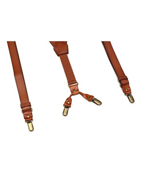 Leather Suspenders for Men Y Back Design Adjustable Suspender with 4 Metal Clips Groomsmen Gift Wedding Brown
