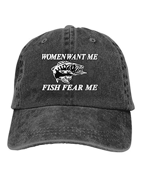 Siuwud Women Want Me Fish Fear Me Washed Baseball Cap Trucker Hat Adult Unisex Adjustable Dad Hat